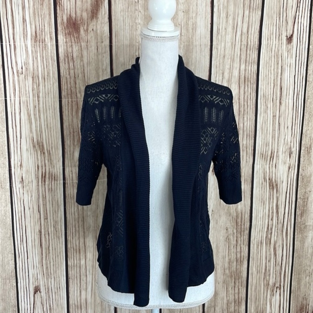 89th & Madison Lightweight Crochet Knit Navy Sweater Acrylic Open Front Cardigan
